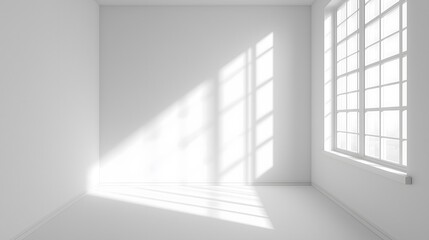 Fototapeta premium Empty modern apartment creates shadow play through interior design - white home walls meet sunlit window frames while minimalist spaces flow in morning light