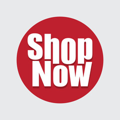 Shop now logotype on red circle vector illustration. Shop now button, label, badge, sticker for online business promotion. Buy or purchase product inspirational banner, poster.
