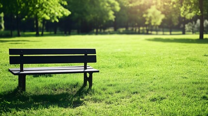 Fototapeta premium Empty wooden bench waits among tall grass in public park - nature's quiet outdoor spot near forest tree creates perfect rest space among morning shadows