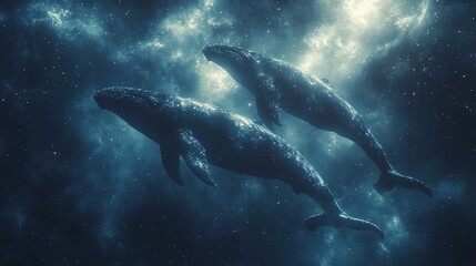 Whales Gliding Through the Starry Night Sky