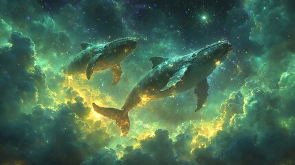 Whales Gliding Through a Starry Night Sky