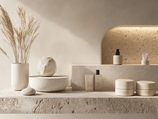 A white shelf with a variety of items on it. There are two vases, one of which is empty