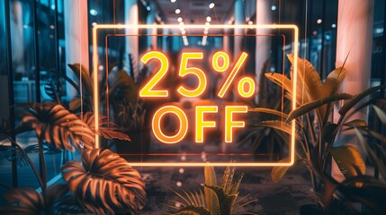 Glowing Orange '25% OFF' Neon Sign in a Luxurious Setting