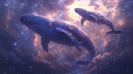 Fototapeta premium Whales Floating Peacefully in a Cosmic Lavender Scene
