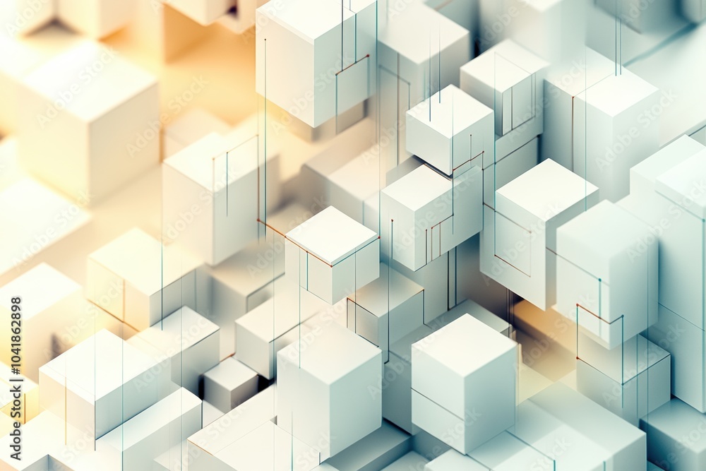 Poster An abstract composition displays multiple cubes in different sizes and shades, interconnected by lines on a light background. Generative AI