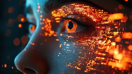 Close-up of a face with digital data in orange hues