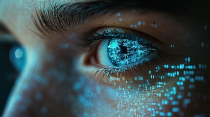 Close-up of an eye with digital binary code overlay.
