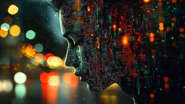 Digital profile silhouette with glowing data elements