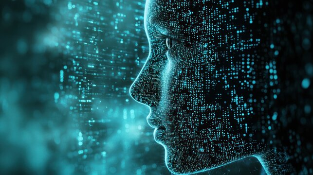 Face with flowing digital bits in a blue hue