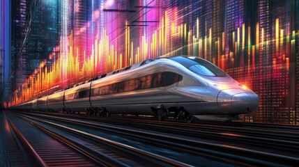 Naklejka premium Futuristic high-speed train with bright city lights
