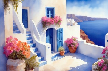Mediterranean luxury beach hotel landscape painting illustration, travel theme concept texture design.
