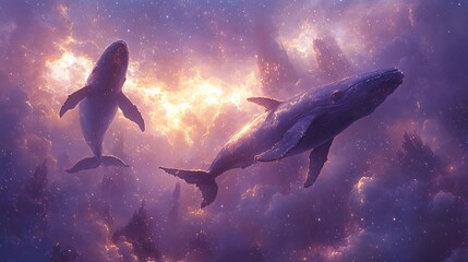 Fototapeta premium Whales Swimming Through Moonlit Sky Filled with Stars