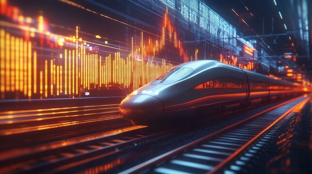 Sleek train with glowing graphs in futuristic tunnel