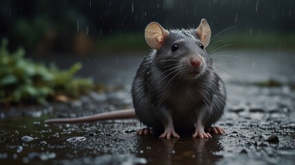 A wet, gray rat sits on a concrete surface amidst a light rain, its ears perked and its whiskers twitching.