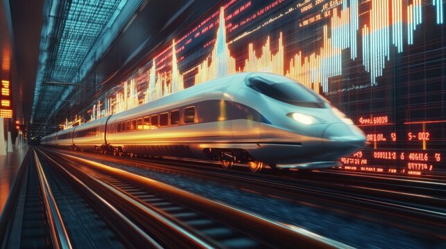 High-speed train zooms past, data charts alongside - Powered by Adobe