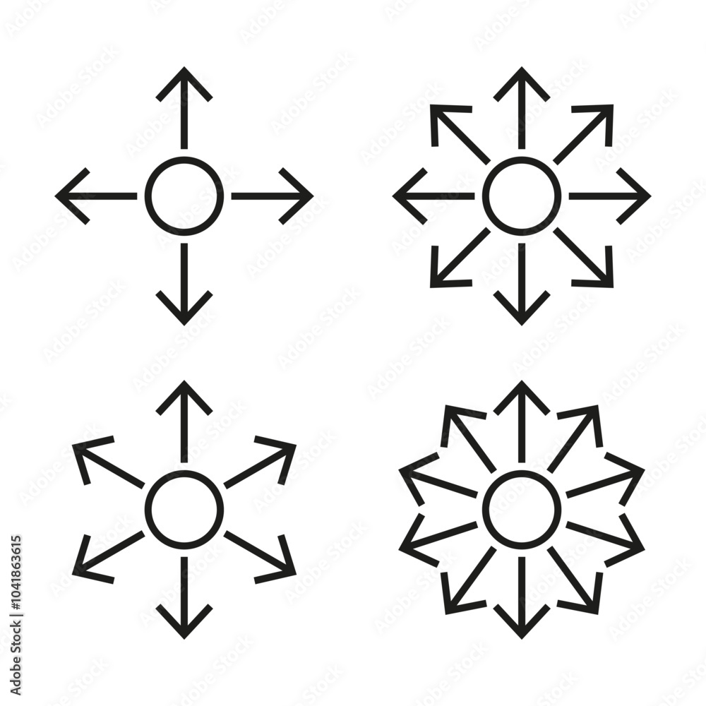 Poster direction icons set. multiple arrows symbol. radial expansion concept. simple black lines.