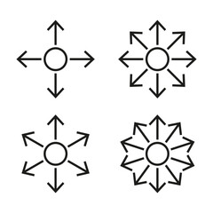 Direction icons set. Multiple arrows symbol. Radial expansion concept. Simple black lines.