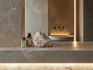 A rock sits on a counter next to two bottles of lotion. The counter is made of stone