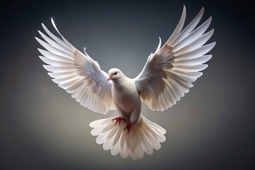 Fototapeta premium Ethereal White Dove in Flight - Symbol of Peace and Purity Against a Gray Background