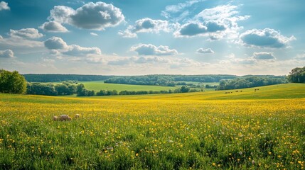 Fototapeta premium Sunny Meadow Landscape with Vibrant Yellow Flowers and Expansive Green Fields Under Blue Skies