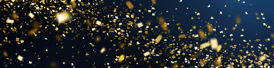 Shimmering gold confetti rains down upon a deep navy blue background, creating a festive and celebratory atmosphere.