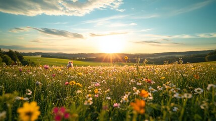 Fototapeta premium Scenic Sunrise Over Flowering Meadow With Vibrant Colors and Gentle Sky