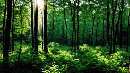 Obraz premium a lush green forest bathed in the soft light of the morning sun. Tall trees with thick foliage create a dense canopy overhead, casting dappled shadows on the forest floor.