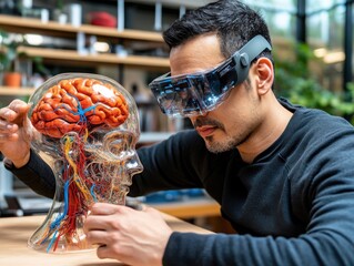 AI Engineer Examining Brain Model with Advanced Glasses