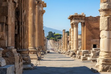 Ancient ruins showcase grand columns along a historic pathway in the archaeological site under clear blue skies