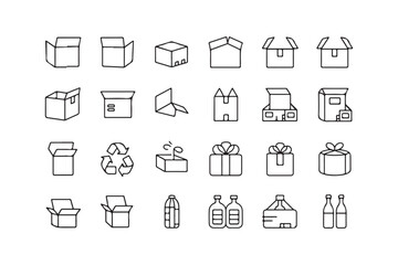 Set of 15 Packaging and Delivery Line Icons - Shipping Boxes, Gift, Recycling, Delivery Trucks, and Eco Symbols