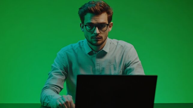 A male researcher with glasses typing on a keyboard deep in concentration against a green backdrop.