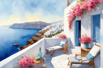 Mediterranean luxury beach hotel landscape painting illustration, travel theme concept texture design.
