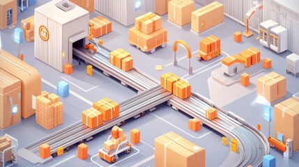 Obraz premium Isometric View of a Modern Distribution Warehouse with Conveyor Belts and Stacked Boxes in a Logistics Hub