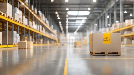 Obraz premium Modern Warehouse with Stacked Boxes and Industrial Shelves, Focus on a Single Pallet in a Well-Lit Distribution Center