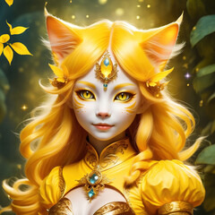 Portrait of a fairy with cat ears in a fairy forest