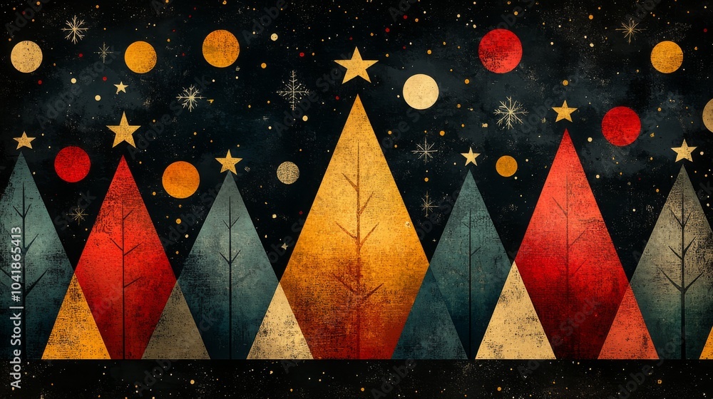 Aufkleber seamless arrangement of colorful triangles and circles creating a festive winter landscape pattern