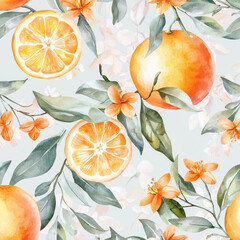 Fototapeta premium Watercolor pattern of oranges with flowers and green leaves on branches in a seamless botanical design.