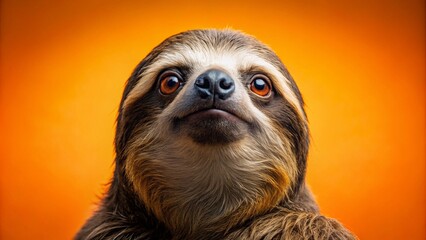 Fototapeta premium Expressive Sloth Portrait with Curious Expression on Vivid Orange Background for Nature Lovers