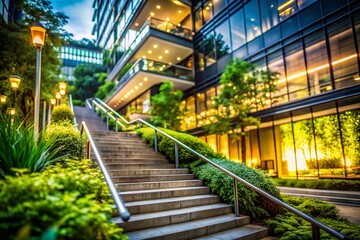 Fototapeta premium Exterior Building View with Staircase in Bokeh Effect for Urban Architecture Photography