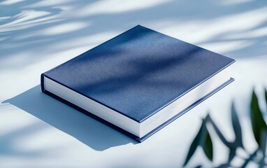 A simple blue book lies on a white surface, casting a subtle shadow, surrounded by soft shadows from nearby leaves.