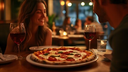 Pizza and wine shared by a couple during a romantic dinner, enjoying food and love at the table while smiling and talking together, celebrating happiness in their relationship at an italian restaurant