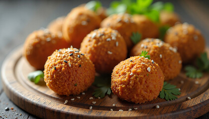 Baked falafel balls with sesame seeds on a wooden serving board.