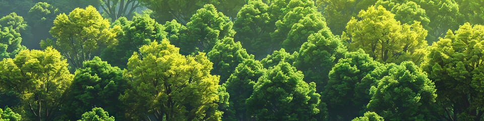 Fototapeta premium A verdant forest with trees of varying shades of green, interspersed with touches of yellow leaves.