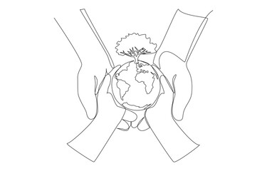 Continuous one line drawing of parent and child hands holding a globe with bountiful tree, caring for earth and environment concept, single line art.