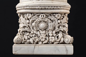 Naklejka premium Intricate marble pedestal with floral carvings displayed against a dark background