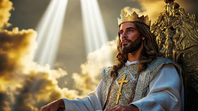 man dress up as Jesus Christ wearing ornate white robe and gold crown sitting on the glory throne of heaven, Jesus govern on earth	
