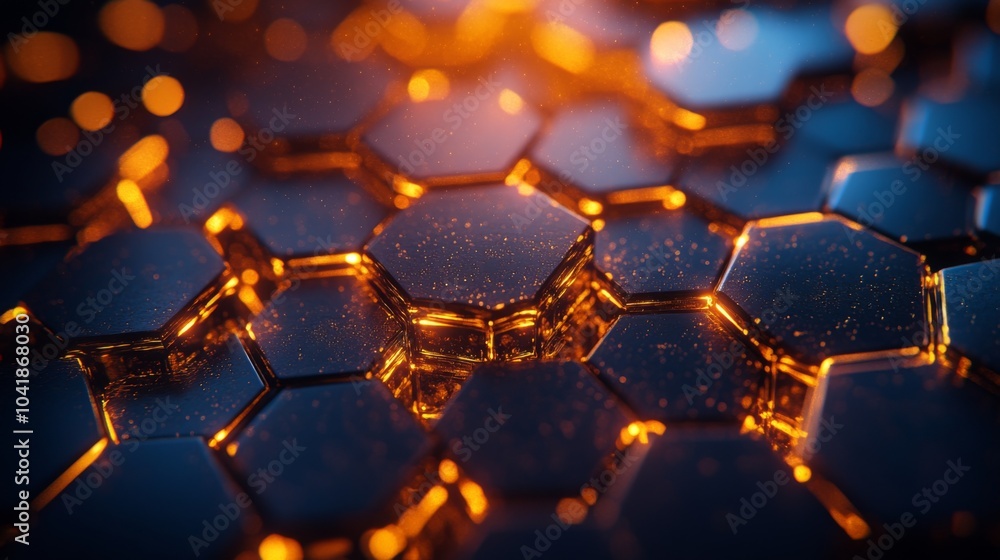 Poster Illuminated hexagonal shapes create a mesmerizing pattern as warm light reflects off the surfaces, showcasing a futuristic and abstract design. The scene combines geometry with vibrant illumination.