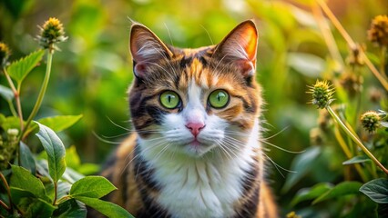 Feral Calico Cat Among Weeds - Captivating Product Photography for Pet Lovers and Nature Enthusiasts