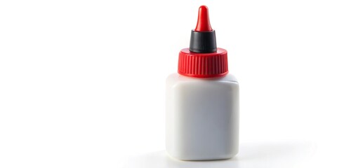 Red, white, black glue bottle with lid on white background