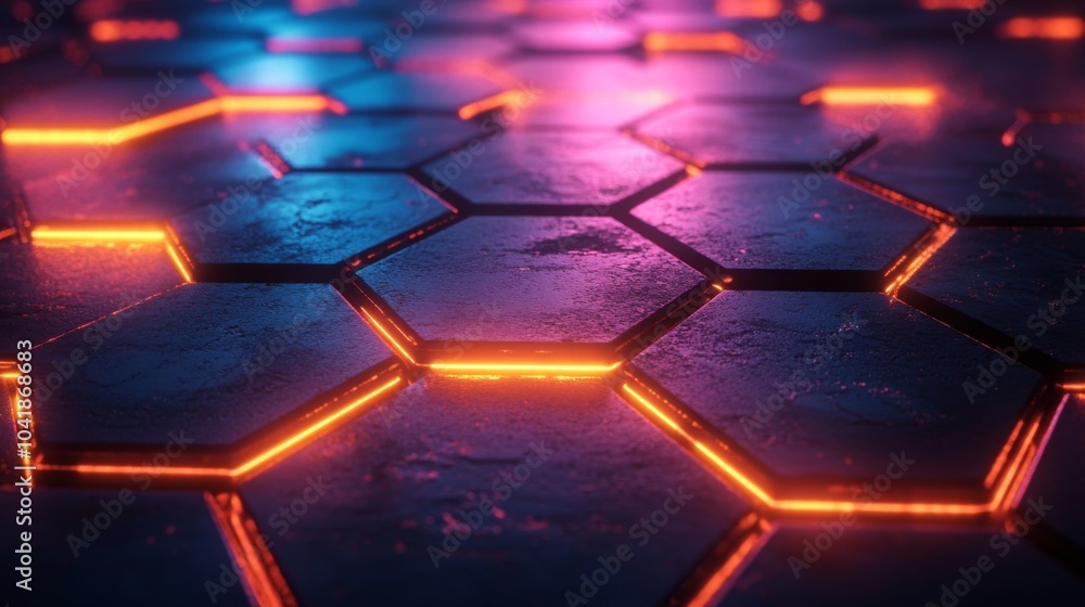 Aufkleber a floor made of hexagonal tiles glows with vibrant neon lights, casting an otherworldly ambiance in 